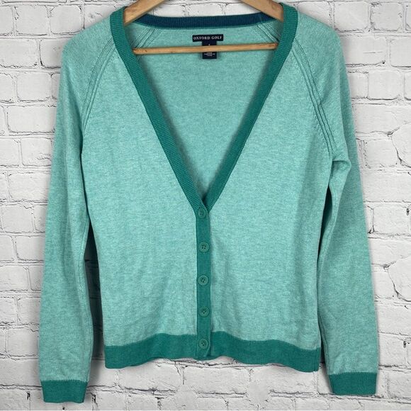 Sweaters - OXFORD GOLF soft cotton v-neck button down teal turquoise cardigan, size S